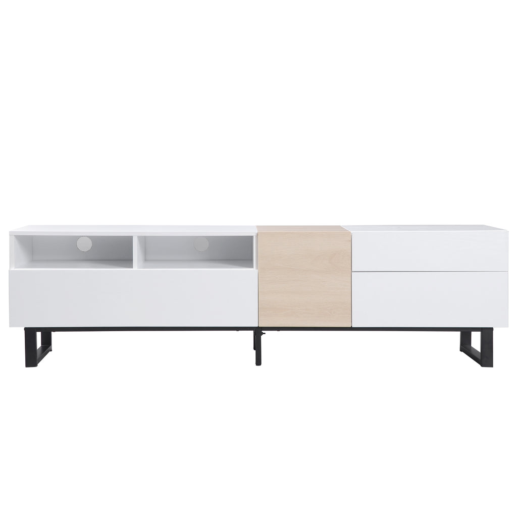 White lacquer TV stand by Anthony & Home with drop-down door, ideal for 80-inch TVs in contemporary living rooms.