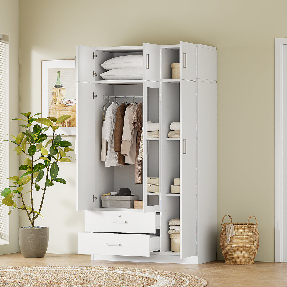 White mirror wardrobe with three doors from Anthony & Home, showcasing a sleek, modern design with reflective surface and clean lines.