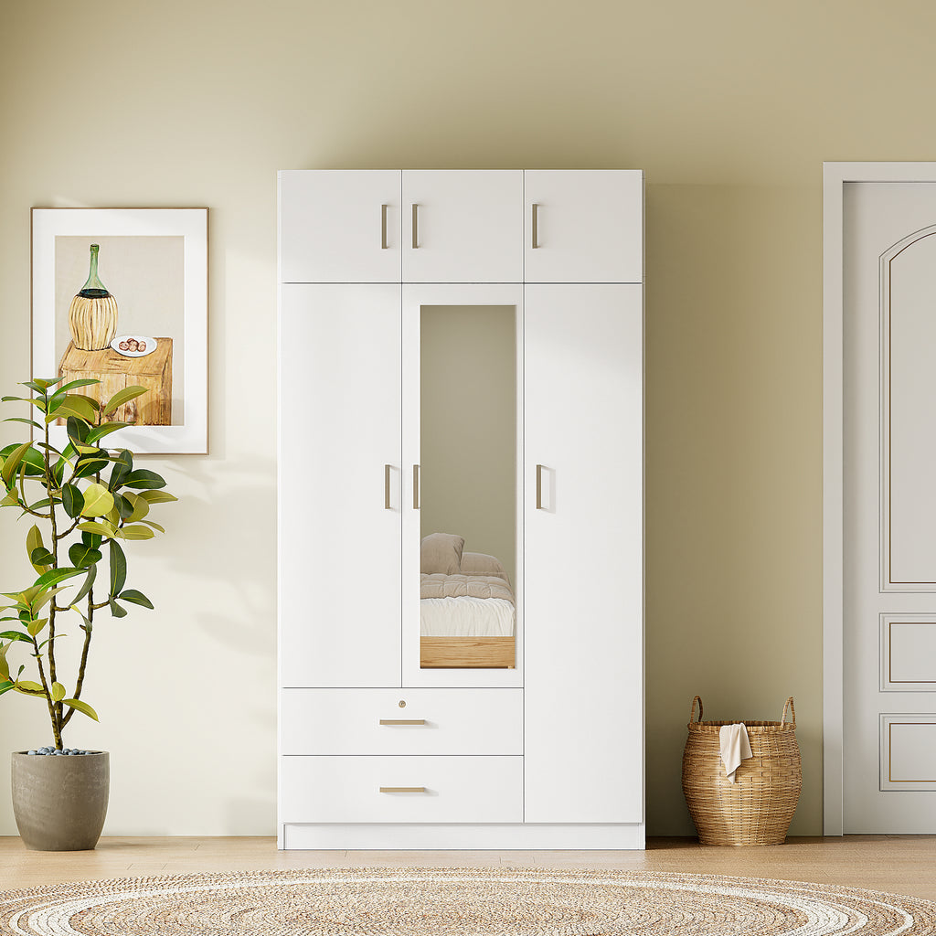 White mirror wardrobe with three doors from Anthony & Home, showcasing a modern, sleek design with reflective mirrored panels.