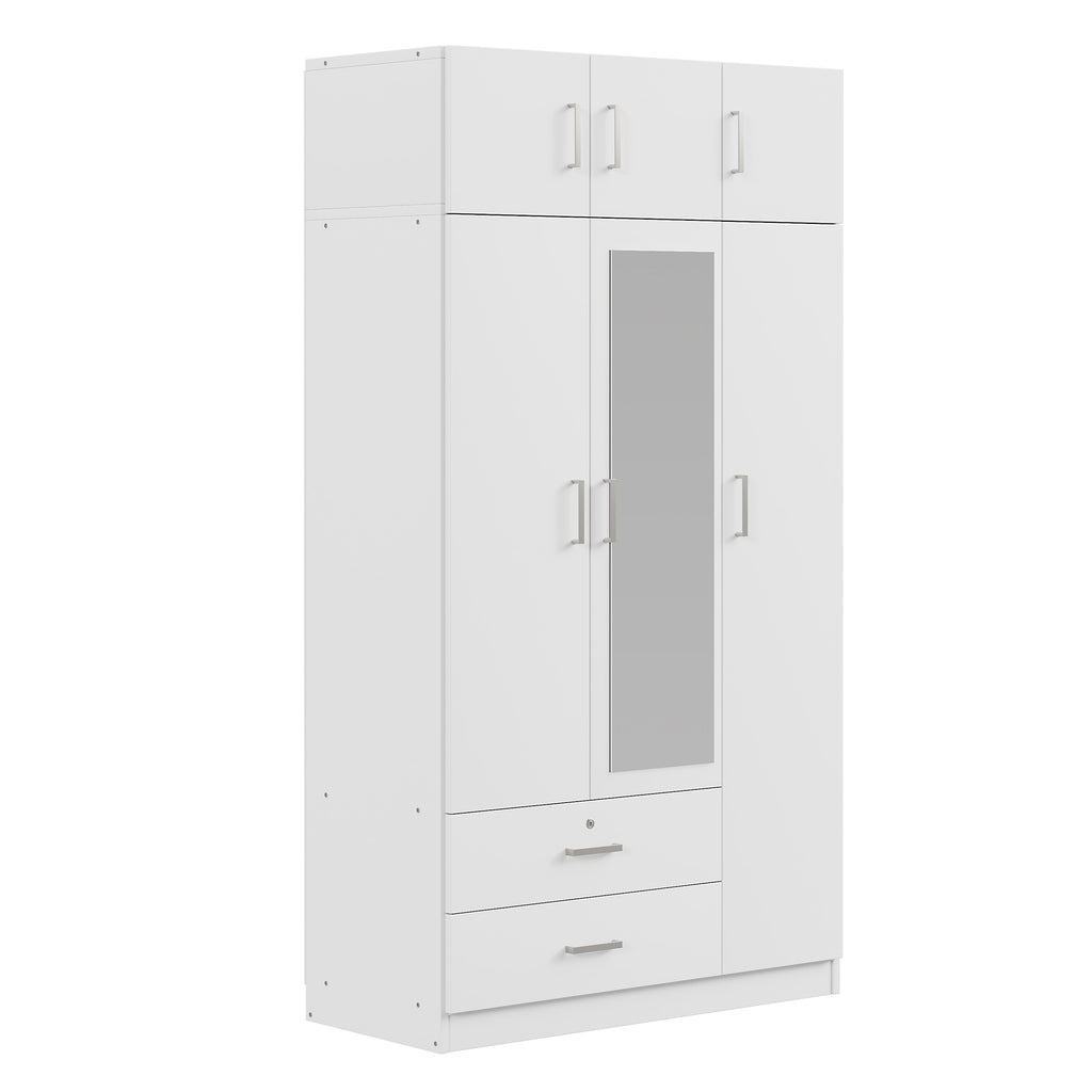 White mirror wardrobe with three doors from Anthony & Home, showcasing sleek design and reflective surface for modern bedroom storage.