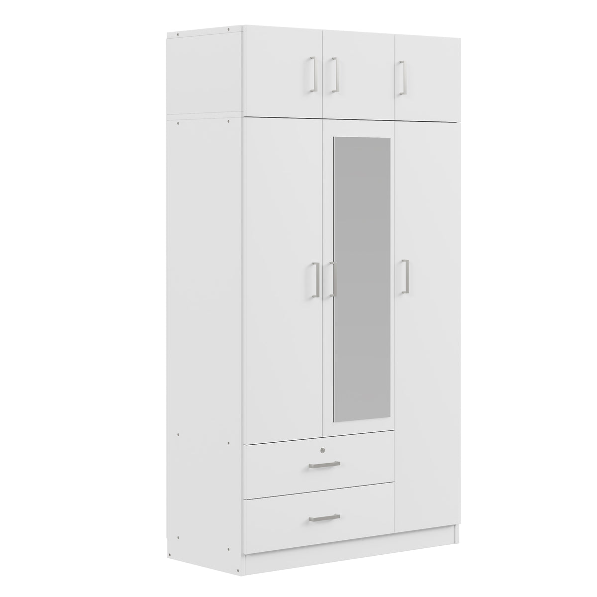 White mirror wardrobe with three doors from Anthony & Home, showcasing sleek design and reflective surface for modern bedroom storage.