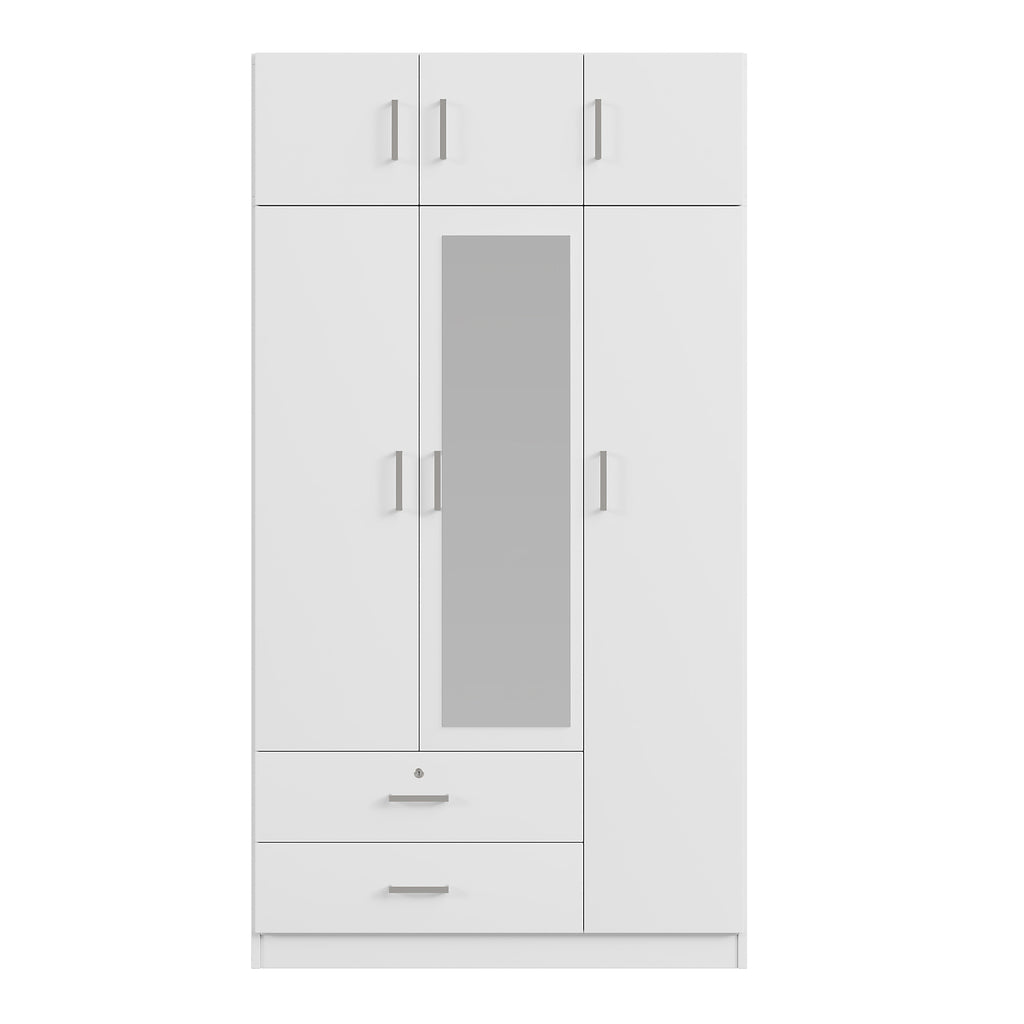White mirror wardrobe with three doors, modern Anthony & Home furniture piece featuring sleek design and reflective surface.