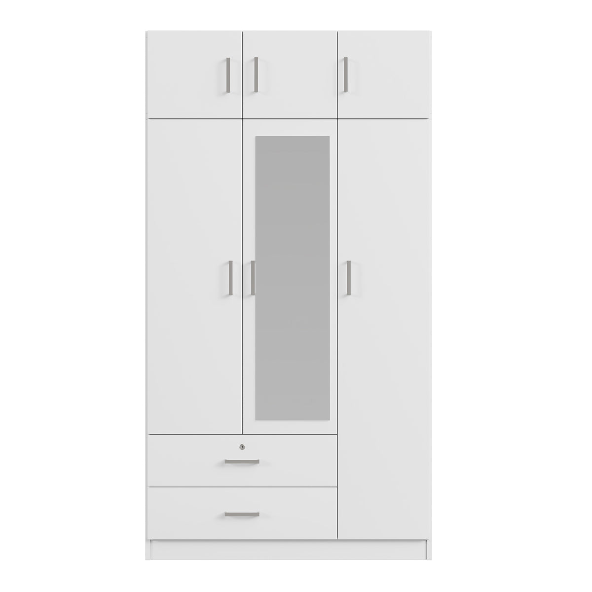 White mirror wardrobe with three doors, modern Anthony & Home furniture piece featuring sleek design and reflective surface.