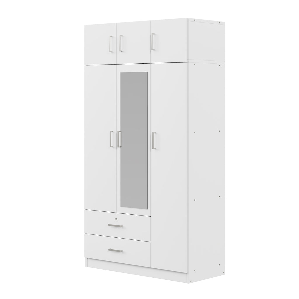 White mirror wardrobe with three doors from Anthony & Home, featuring a sleek modern design and reflective surface.