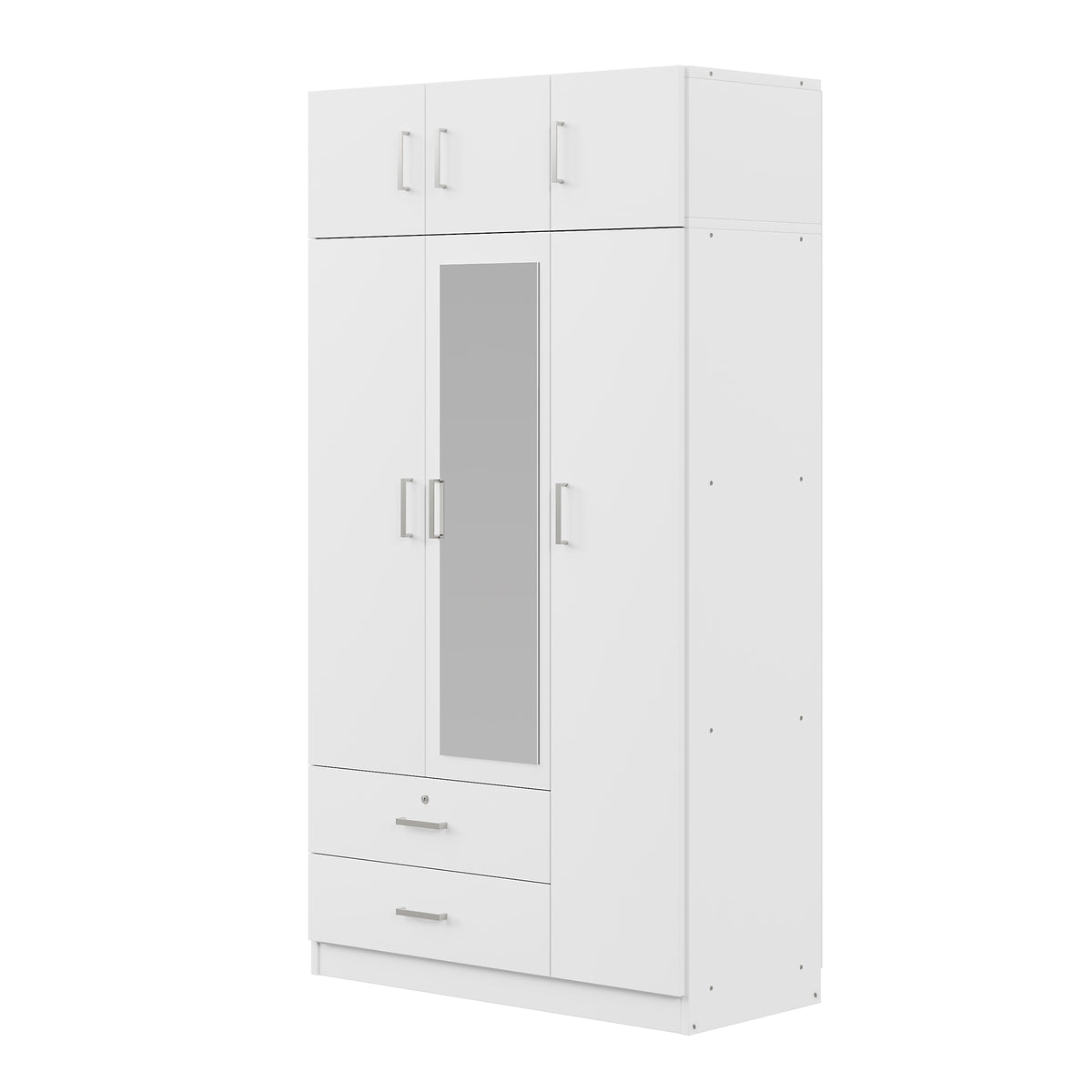 White mirror wardrobe with three doors from Anthony & Home, featuring a sleek modern design and reflective surface.