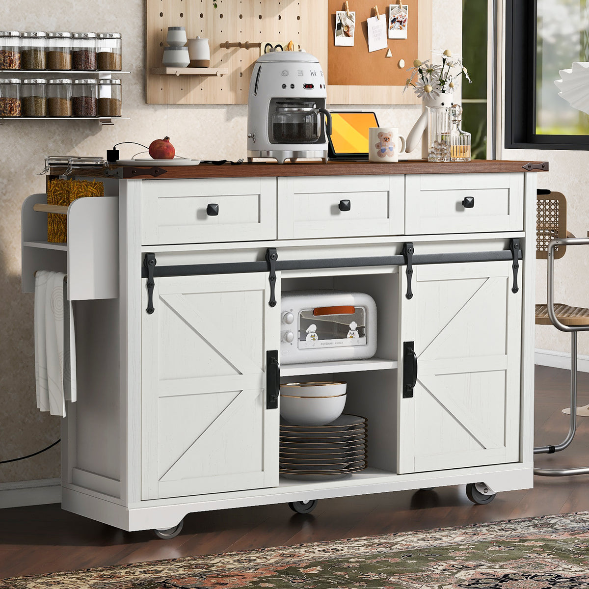 Anthony & Home farmhouse kitchen island with wood-grain top, featuring spacious surface and sturdy wooden legs.