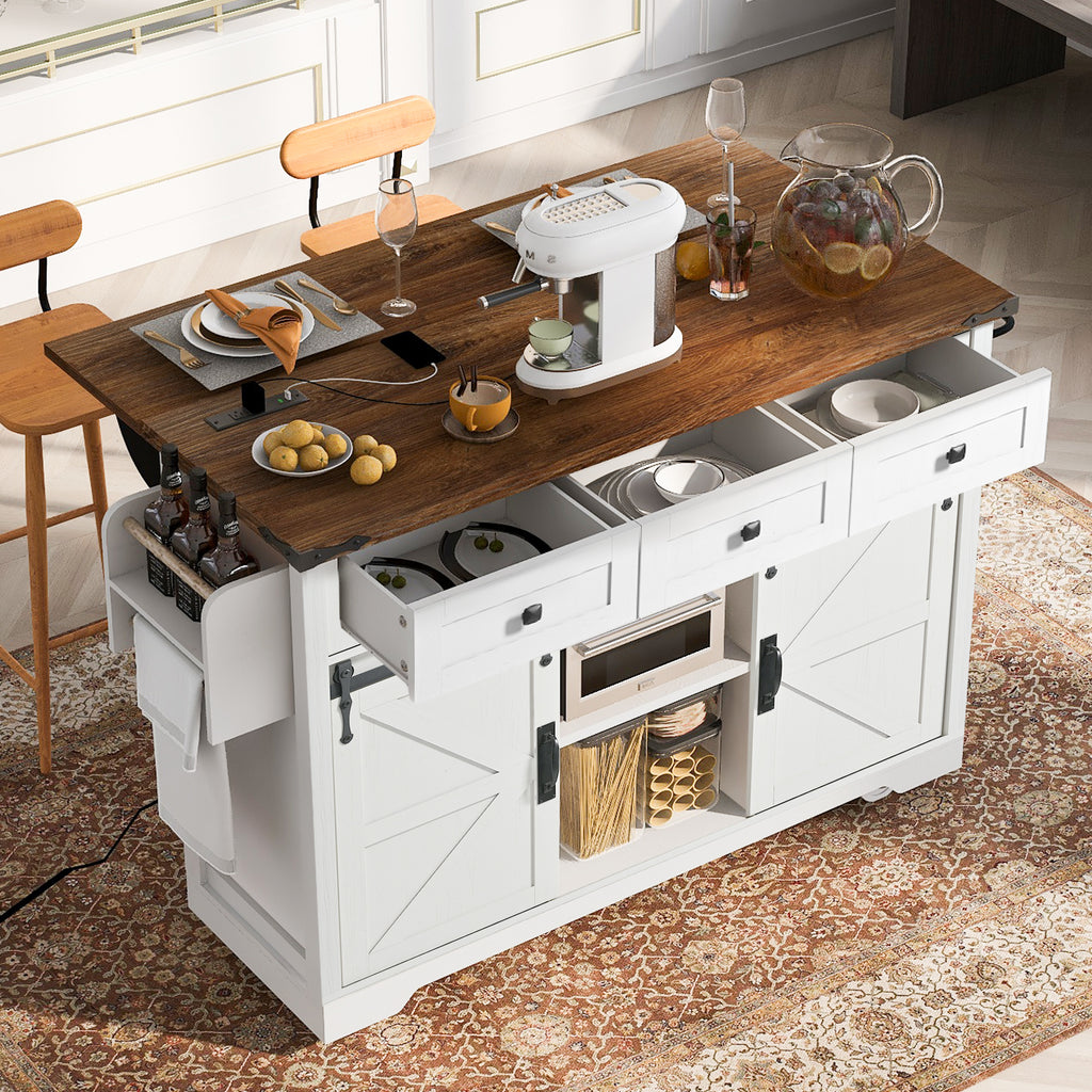Anthony & Home farmhouse kitchen island with wood-grain top, featuring a sturdy wood finish and spacious storage options.