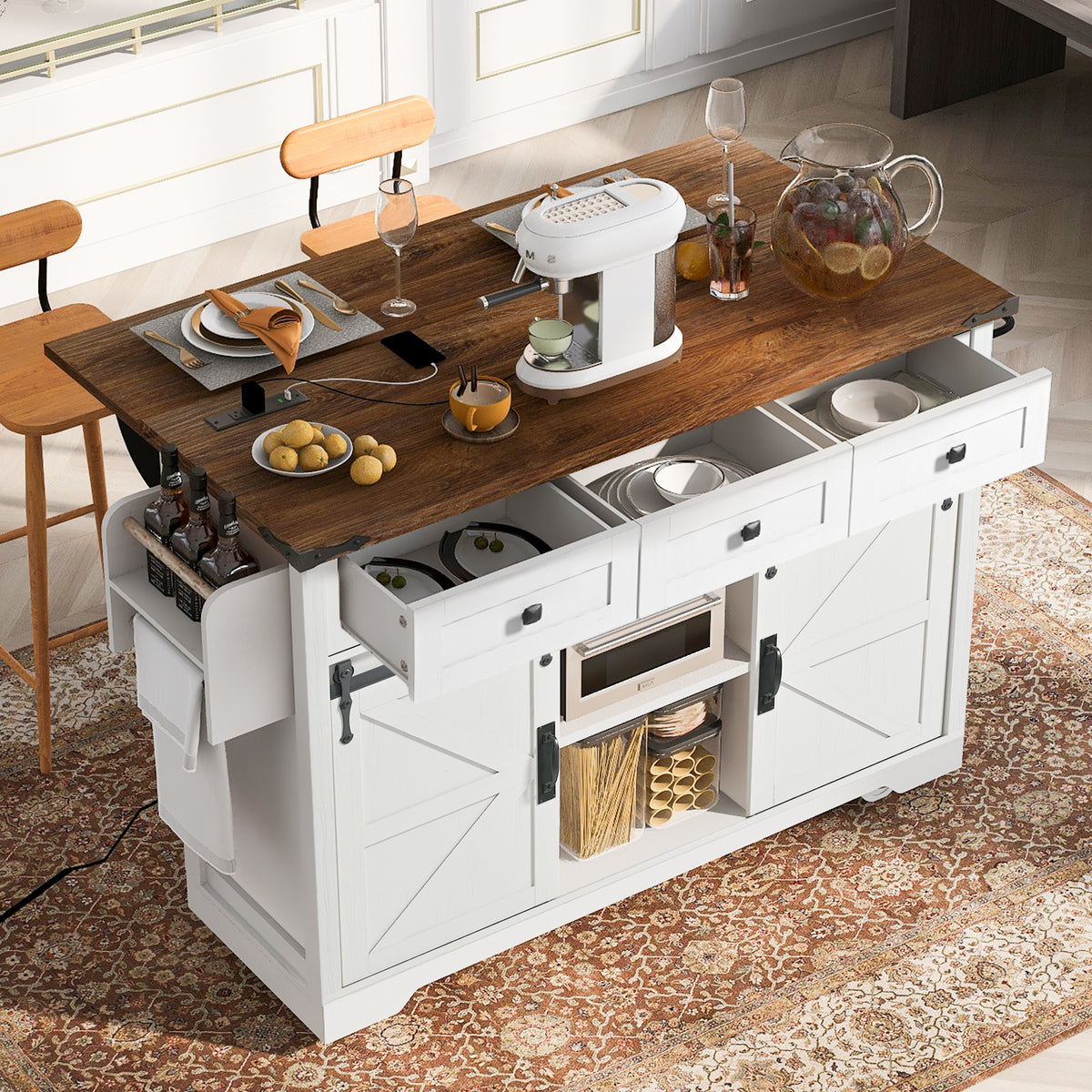 Anthony & Home farmhouse kitchen island with wood-grain top, featuring a sturdy wood finish and spacious storage options.
