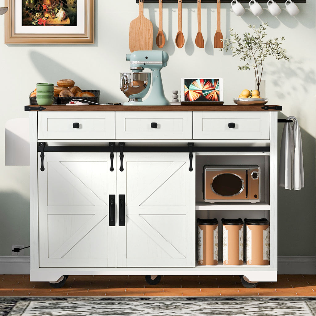 Anthony & Home farmhouse kitchen island with wood-grain top, featuring a rustic design and ample storage space.