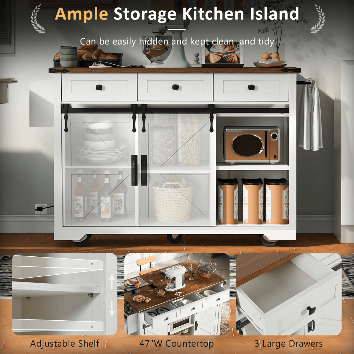 Anthony & Home farmhouse kitchen island with wood-grain top, featuring a sturdy wooden surface and rustic design elements.
