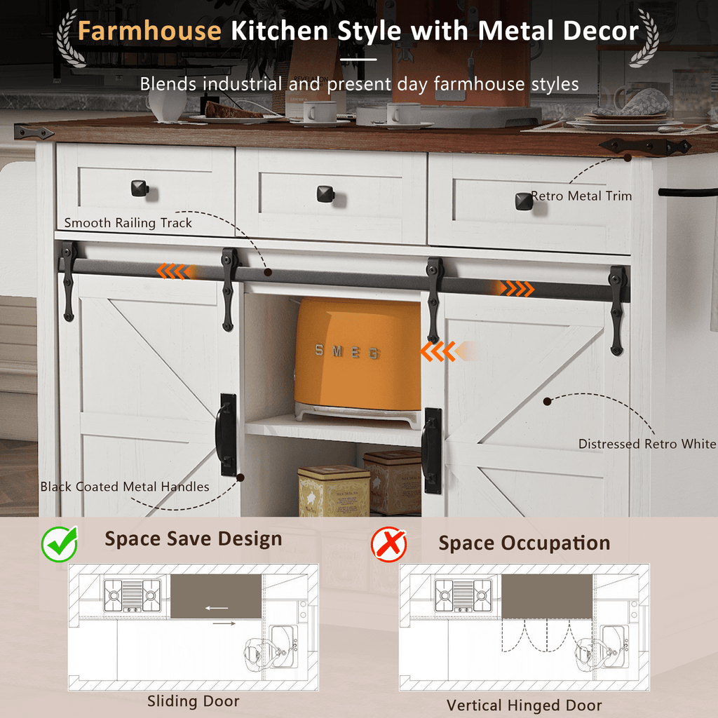 Anthony & Home farmhouse kitchen island with wood-grain top, featuring spacious surface and sturdy wooden frame for farmhouse style decor.