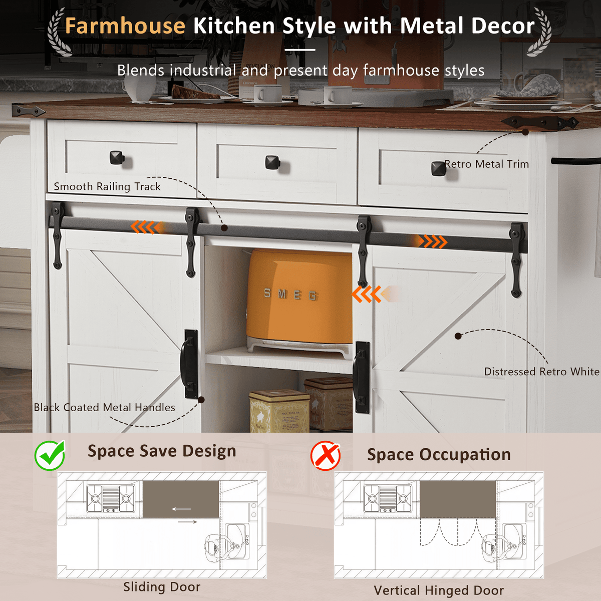 Anthony & Home farmhouse kitchen island with wood-grain top, featuring spacious surface and sturdy wooden frame for farmhouse style decor.