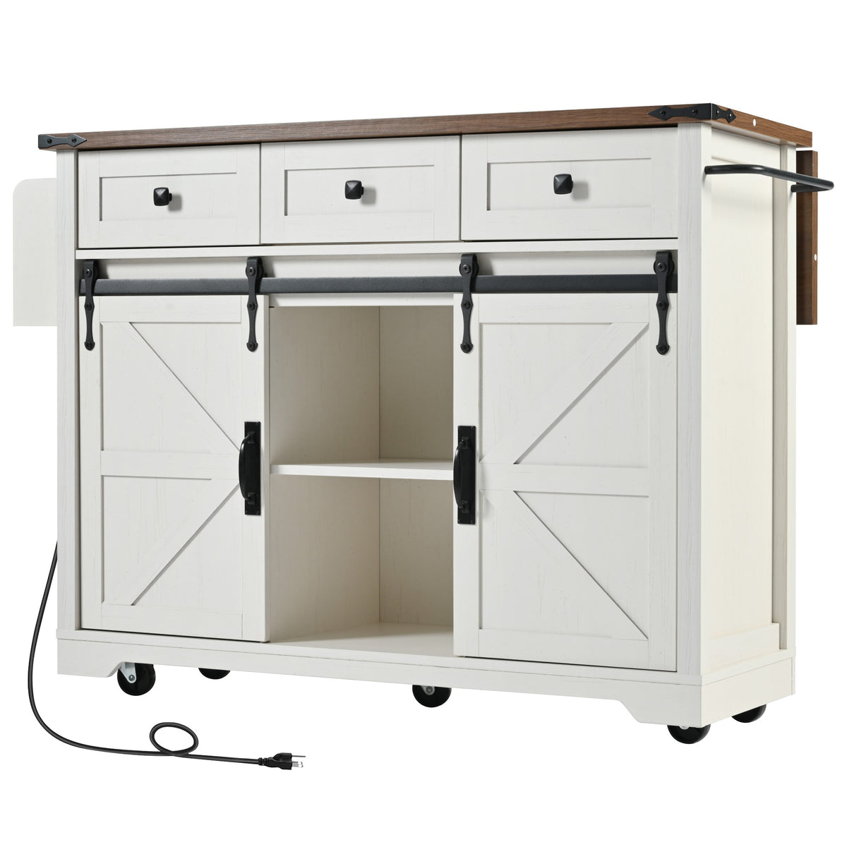 Anthony & Home farmhouse kitchen island with wood-grain top, featuring a spacious surface and sturdy storage drawers.