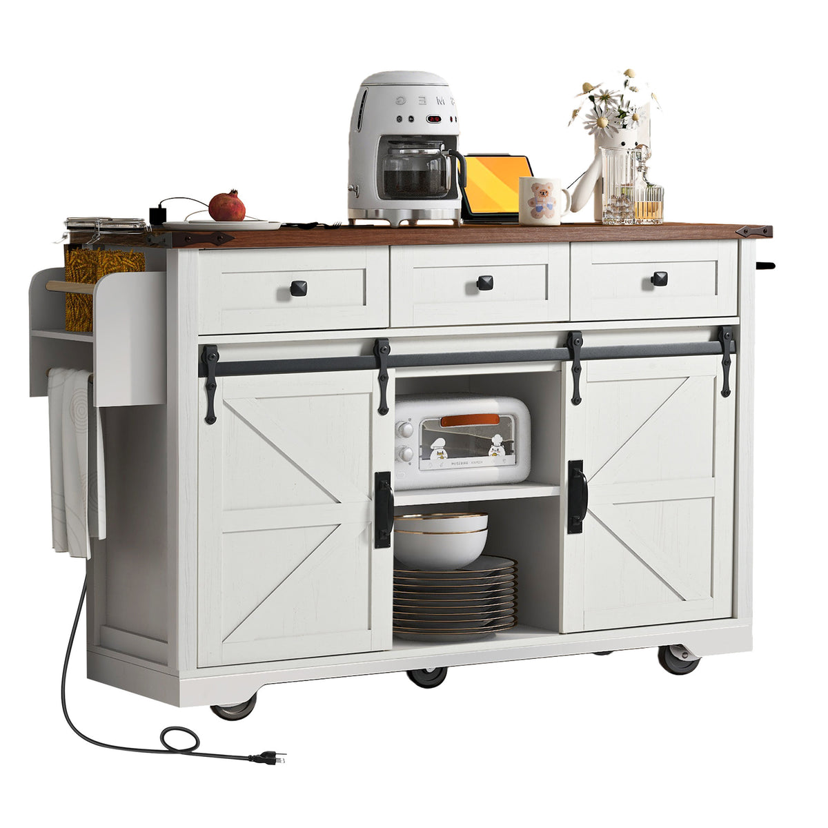 Anthony & Home farmhouse kitchen island with wood-grain top, featuring a sturdy design and ample storage space.