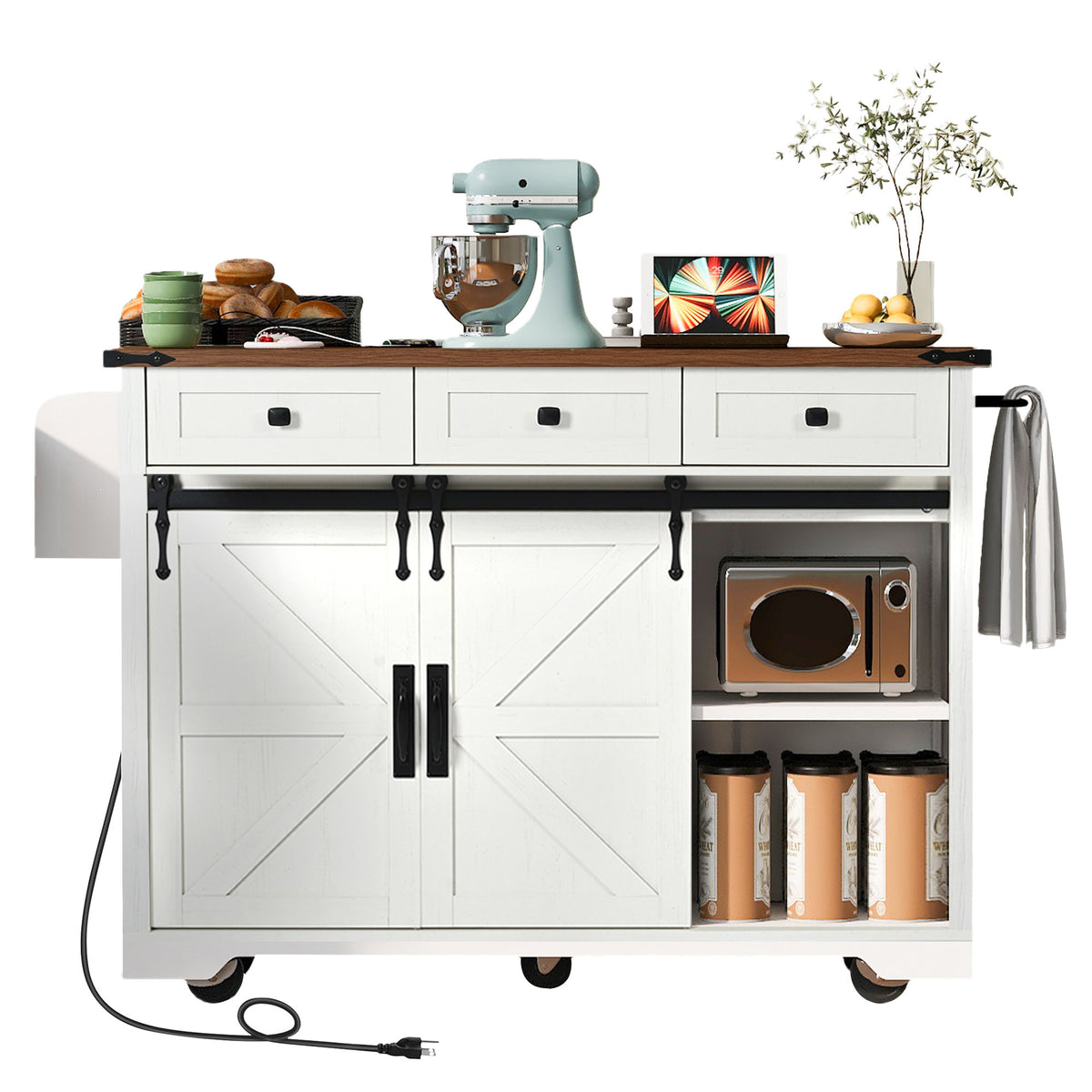 Anthony & Home farmhouse kitchen island with wood-grain top, featuring spacious surface and sturdy wooden frame for farmhouse-style kitchens.