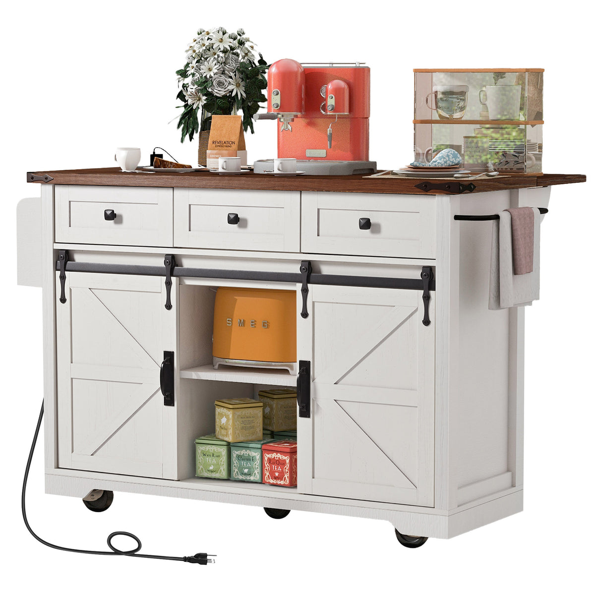 Anthony & Home farmhouse kitchen island with wood-grain top, featuring a spacious surface and sturdy wooden legs for farmhouse-style cooking space.