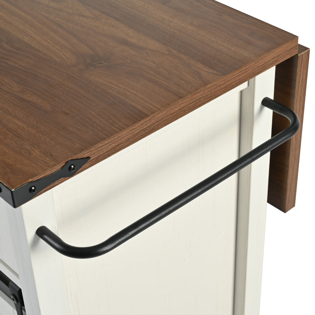 Anthony & Home farmhouse kitchen island with wood-grain top, featuring a sturdy wooden surface and spacious storage drawers.