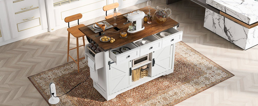 Anthony & Home farmhouse kitchen island with wood-grain top, featuring a spacious surface and sturdy wooden legs for farmhouse style.