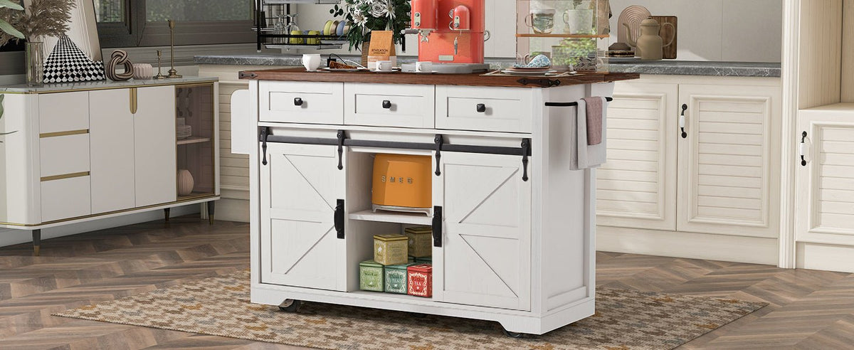 Anthony & Home farmhouse kitchen island with wood-grain top, featuring storage shelves and a sturdy wooden frame.