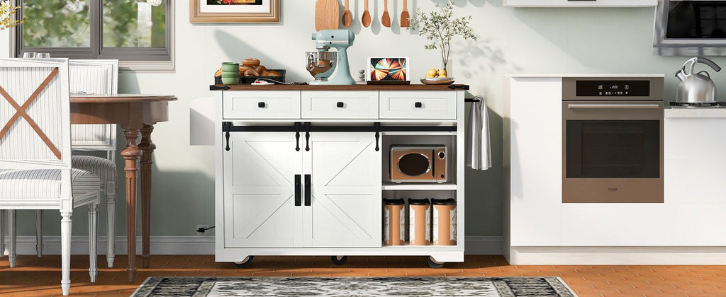 Anthony & Home farmhouse kitchen island with wood-grain top, featuring spacious surface and sturdy wooden legs for farmhouse-style cooking space.
