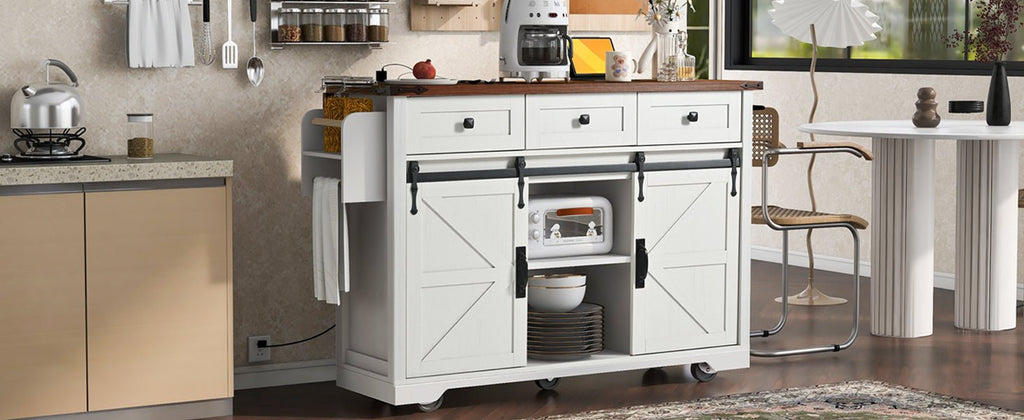 Anthony & Home farmhouse kitchen island with wood-grain top, featuring spacious surface and sturdy wooden base for kitchen storage.