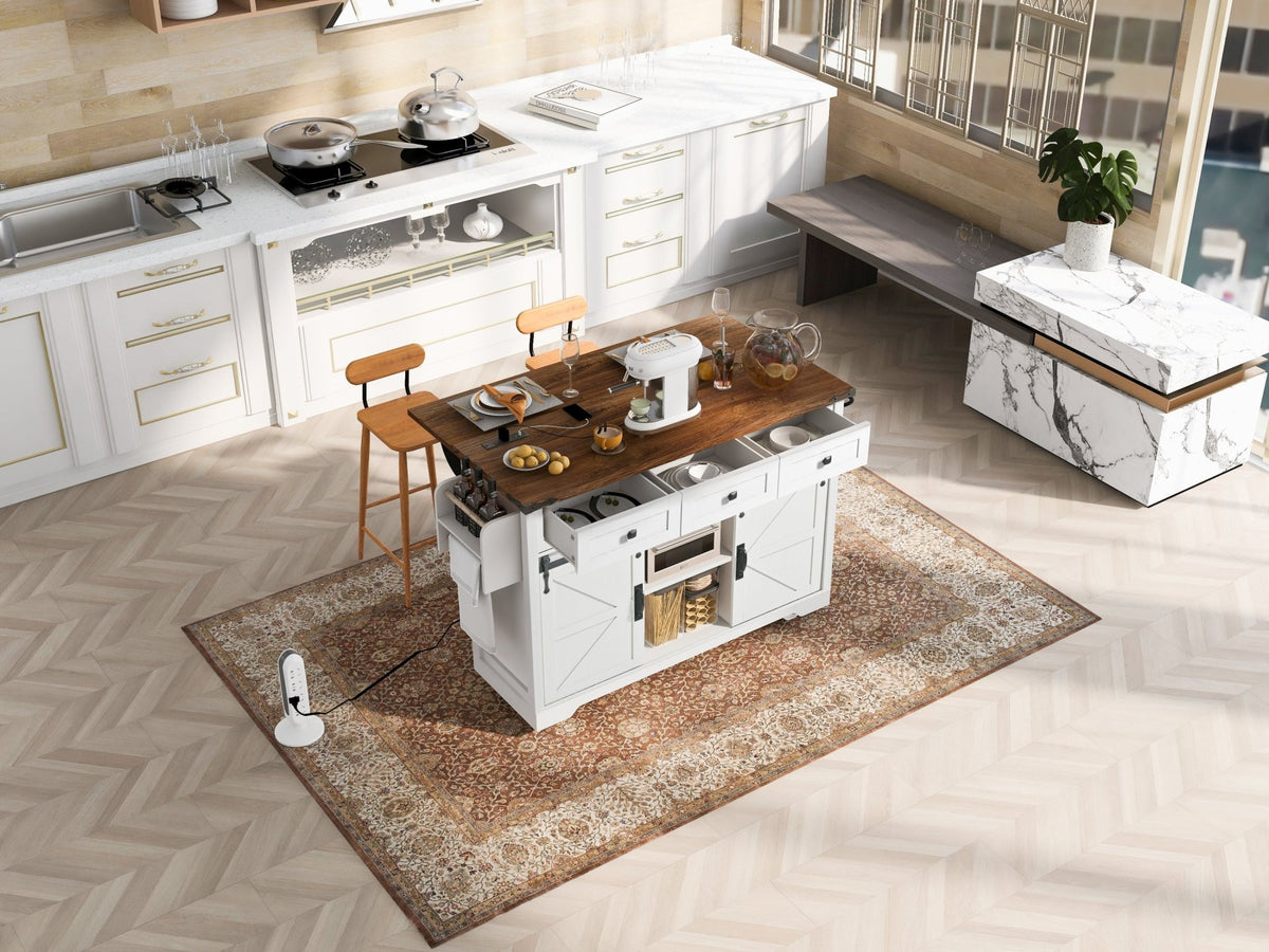 Anthony & Home farmhouse kitchen island with wood-grain top, featuring spacious surface and sturdy wooden frame for farmhouse style.