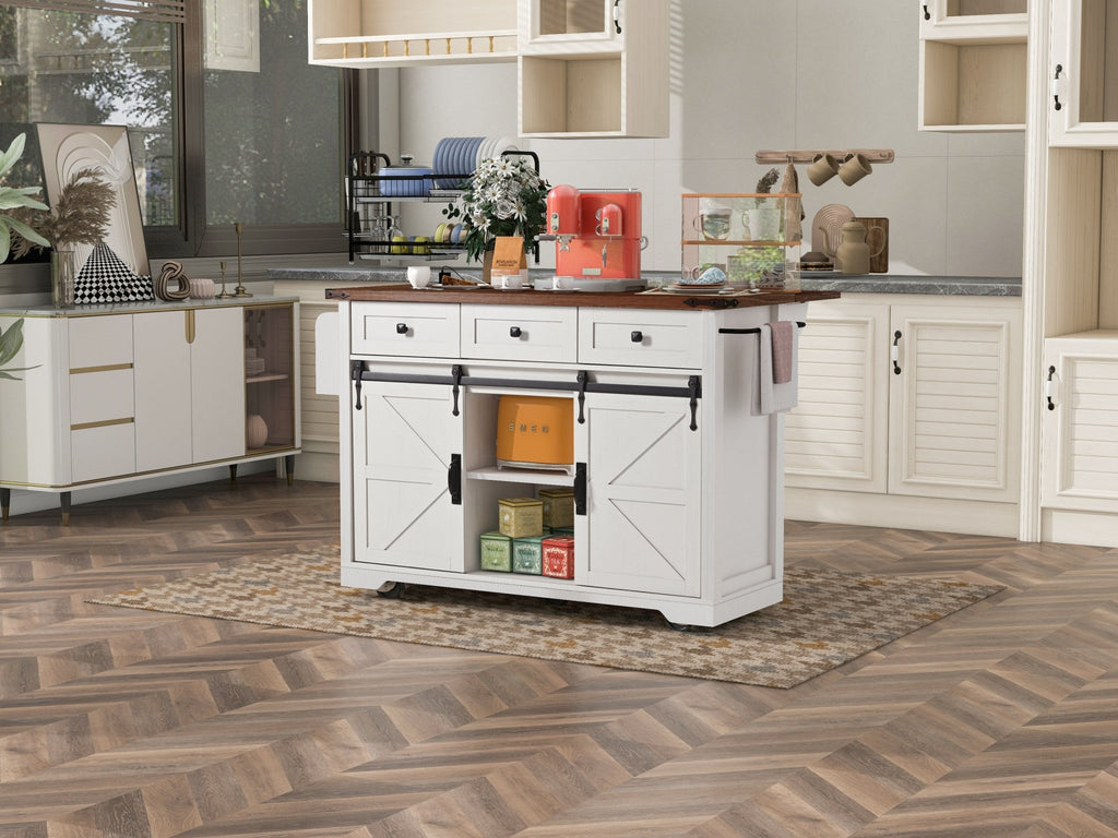 Anthony & Home farmhouse kitchen island with wood-grain top and storage drawers, perfect for rustic farmhouse kitchens.