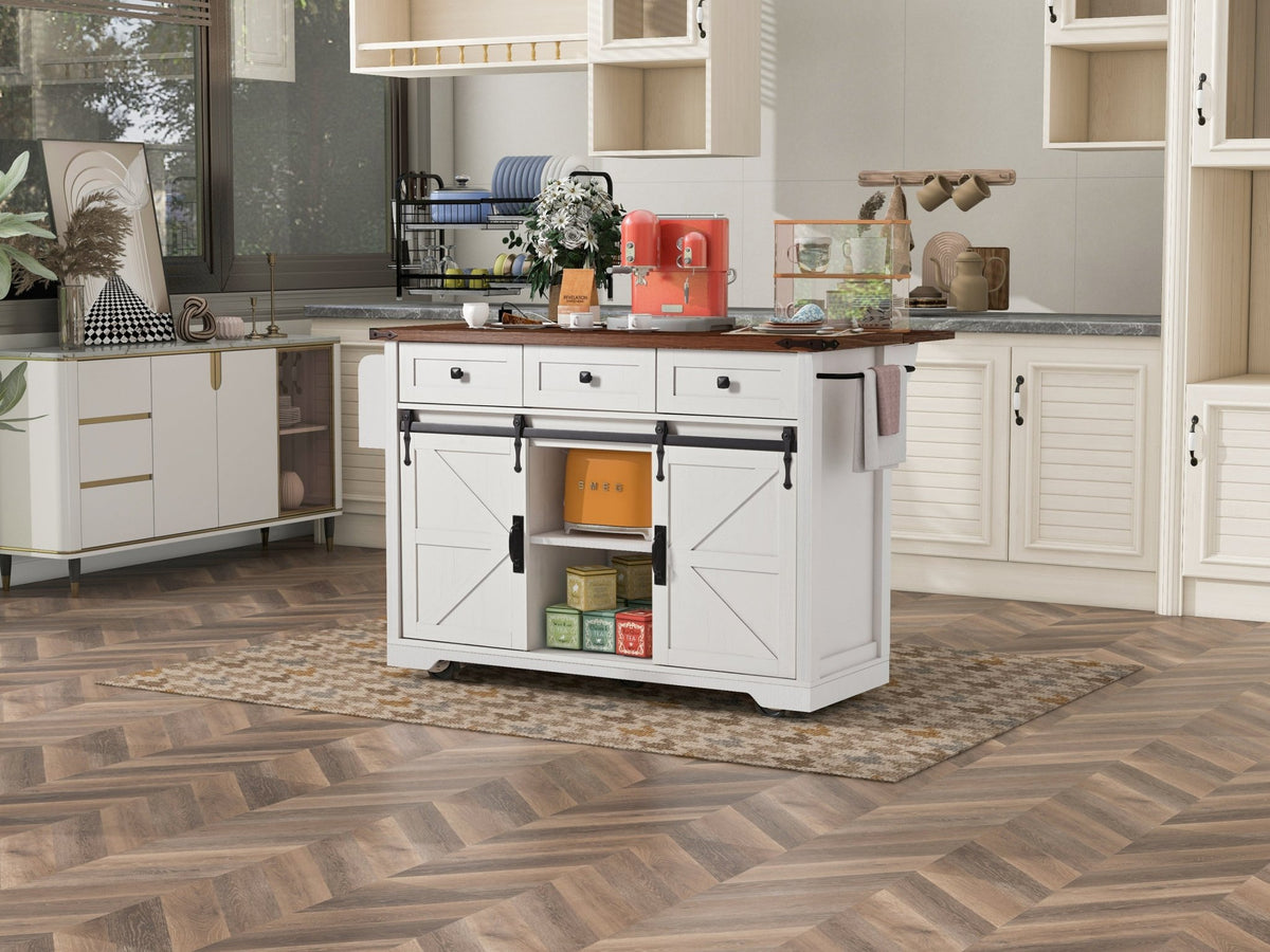 Anthony & Home farmhouse kitchen island with wood-grain top and storage drawers, perfect for rustic farmhouse kitchens.