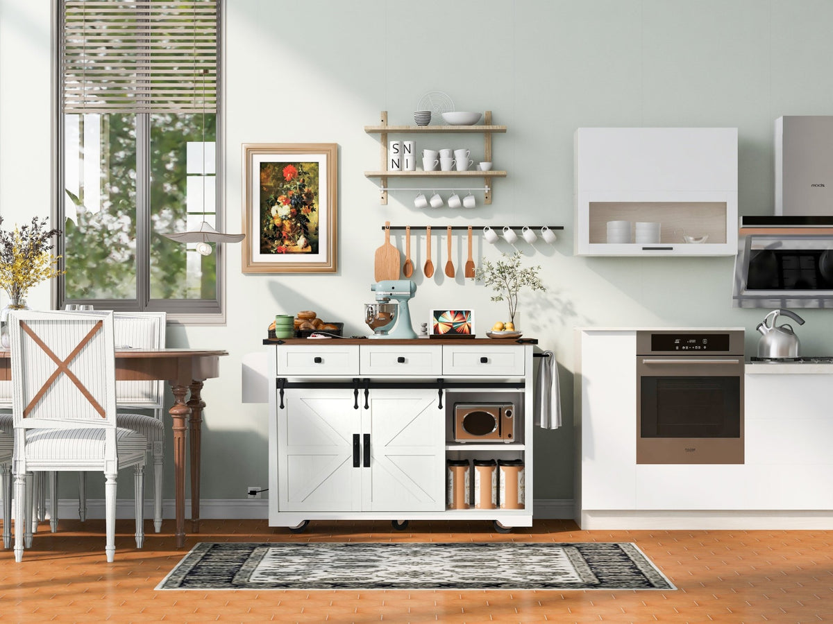 Anthony & Home farmhouse kitchen island with wood-grain top, featuring spacious surface and sturdy construction for farmhouse-style kitchens.