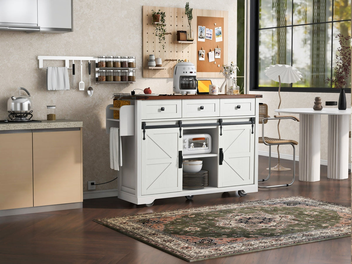 Anthony & Home farmhouse kitchen island with wood-grain top, featuring a sturdy design and spacious surface for kitchen prep.