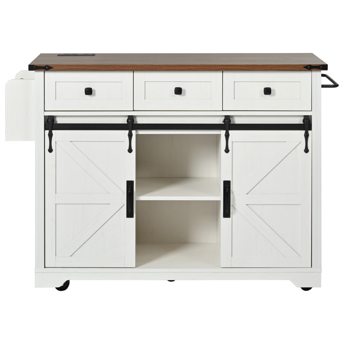 Anthony & Home farmhouse kitchen island with wood-grain top, featuring a sturdy design and ample workspace for kitchen use.