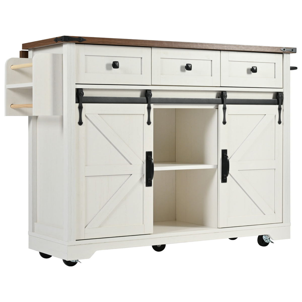 Anthony & Home farmhouse kitchen island with wood-grain top, featuring a sturdy design and spacious surface for cooking and prep.