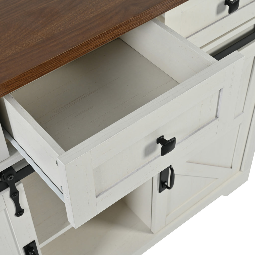 Anthony & Home farmhouse kitchen island with wood-grain top, featuring storage shelves and a spacious work surface.