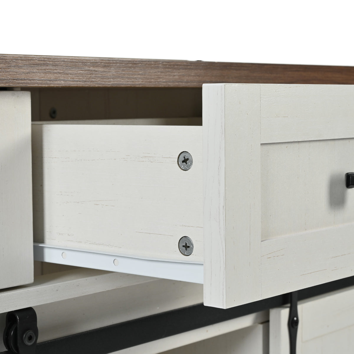 Anthony & Home farmhouse kitchen island with wood-grain top, featuring a sturdy wooden surface and storage shelves underneath.