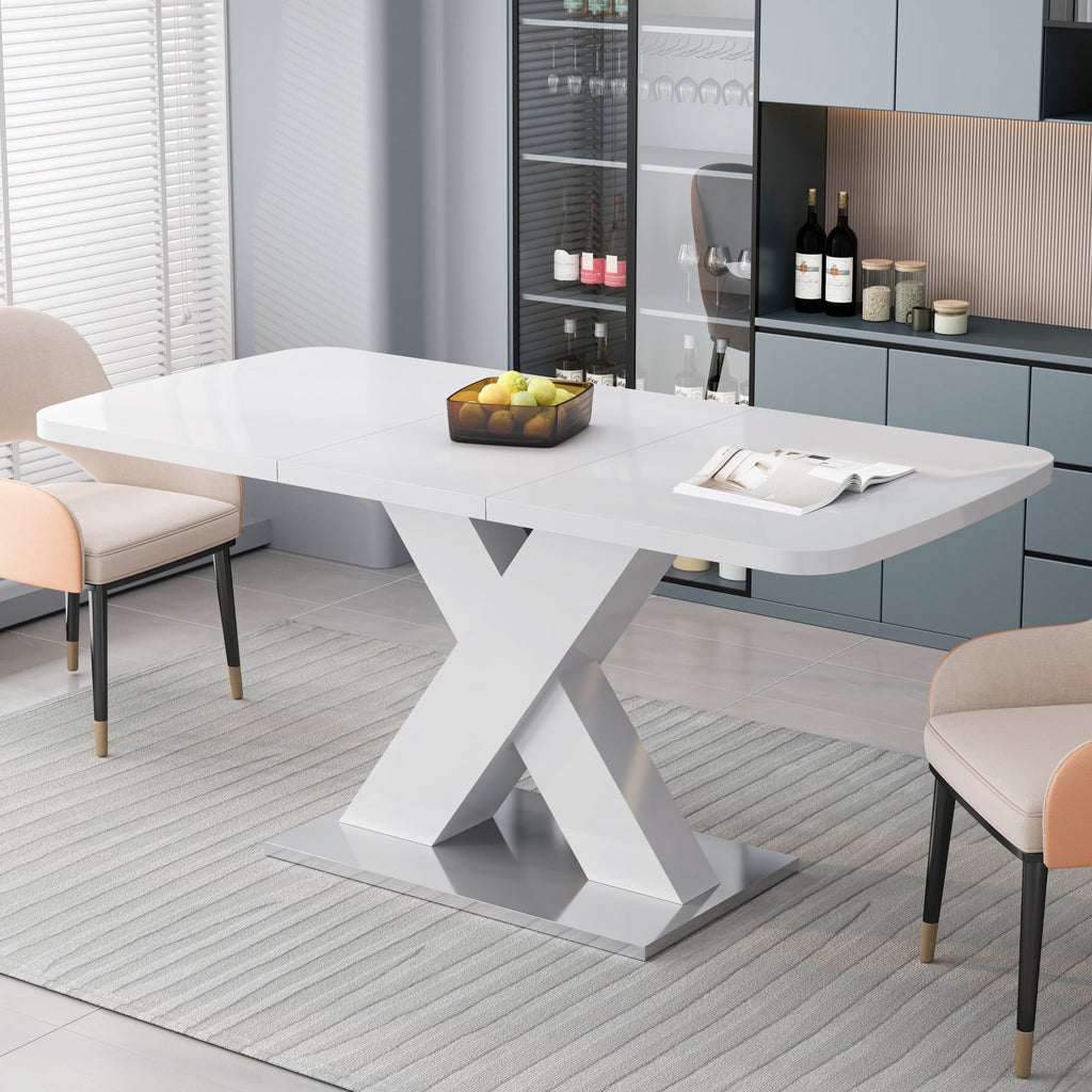 Rectangle dining table with X-shaped steel base by Anthony & Home, showcasing a sleek wooden tabletop and modern industrial design.