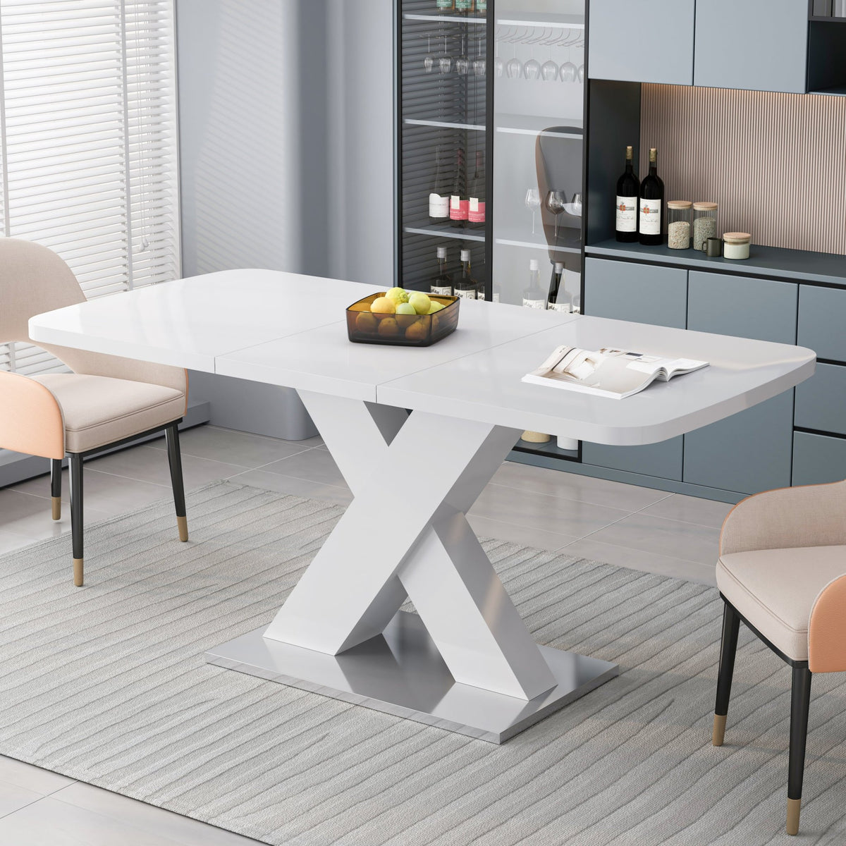 Rectangle dining table with X-shaped steel base by Anthony & Home, showcasing a sleek wooden tabletop and modern industrial design.