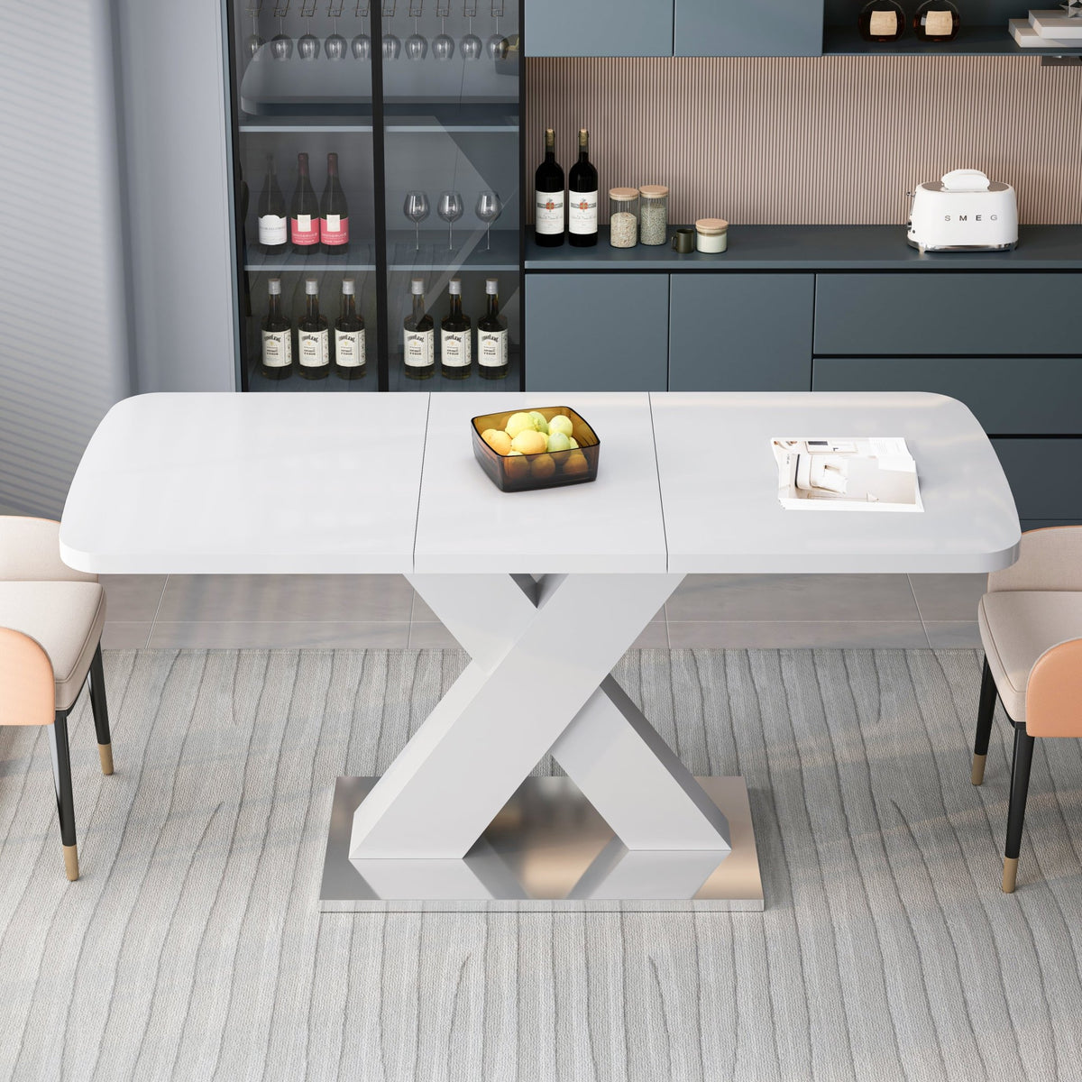 Rectangle dining table by Anthony & Home with X-shaped steel base, showcasing a modern, sturdy design for dining spaces.