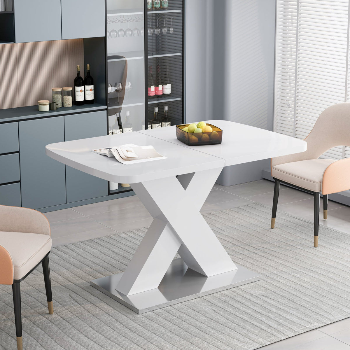 Rectangle dining table with X-shaped steel base by Anthony & Home, showcasing a modern wooden tabletop and sturdy metal legs.