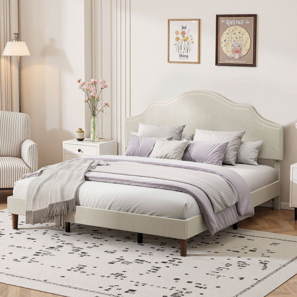 Linen upholstered king bed frame with adjustable headboard by Anthony & Home, showcasing a modern, plush design in a bedroom setting.
