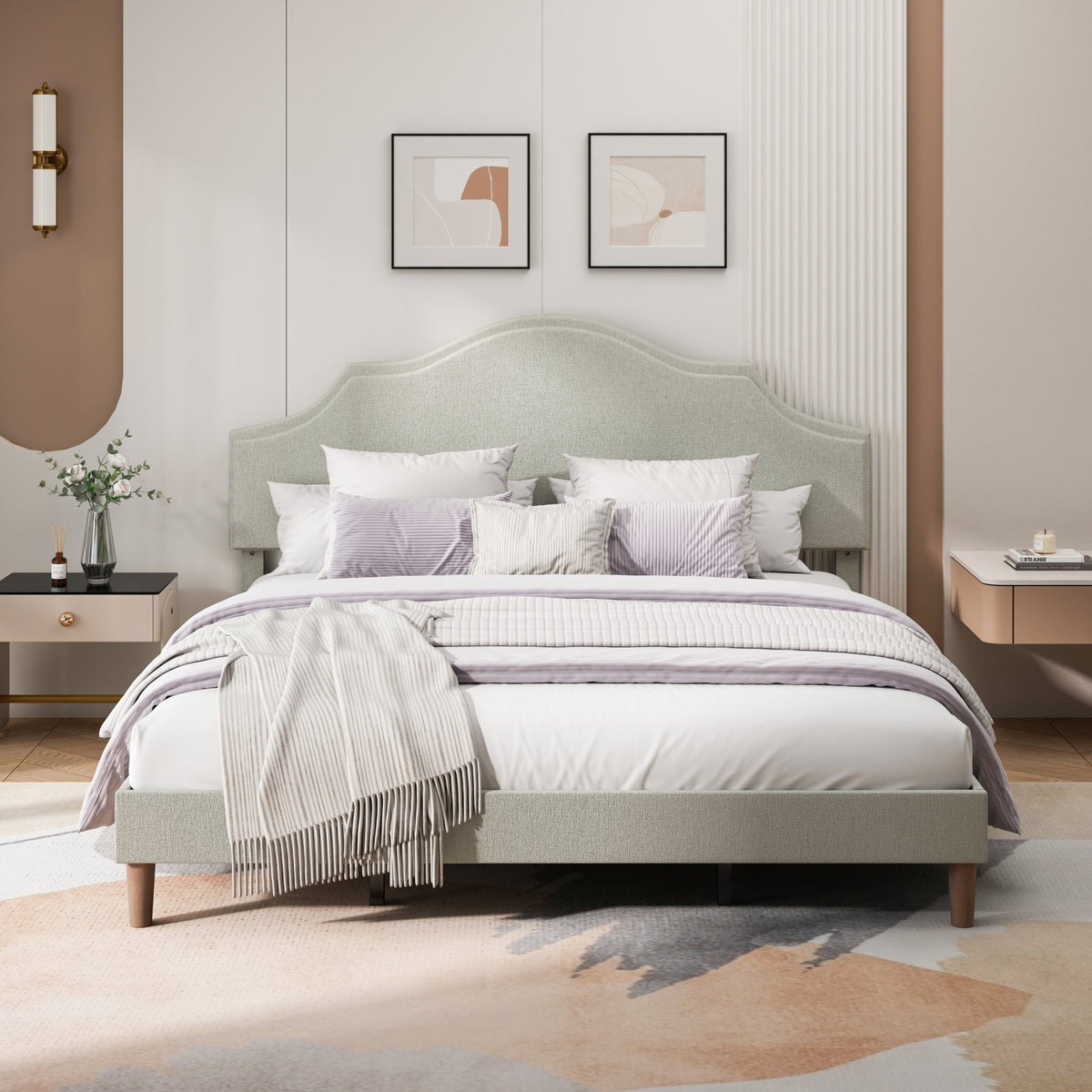 Linen upholstered king bed frame with adjustable headboard by Anthony & Home, showcasing a modern, cozy bedroom setup.