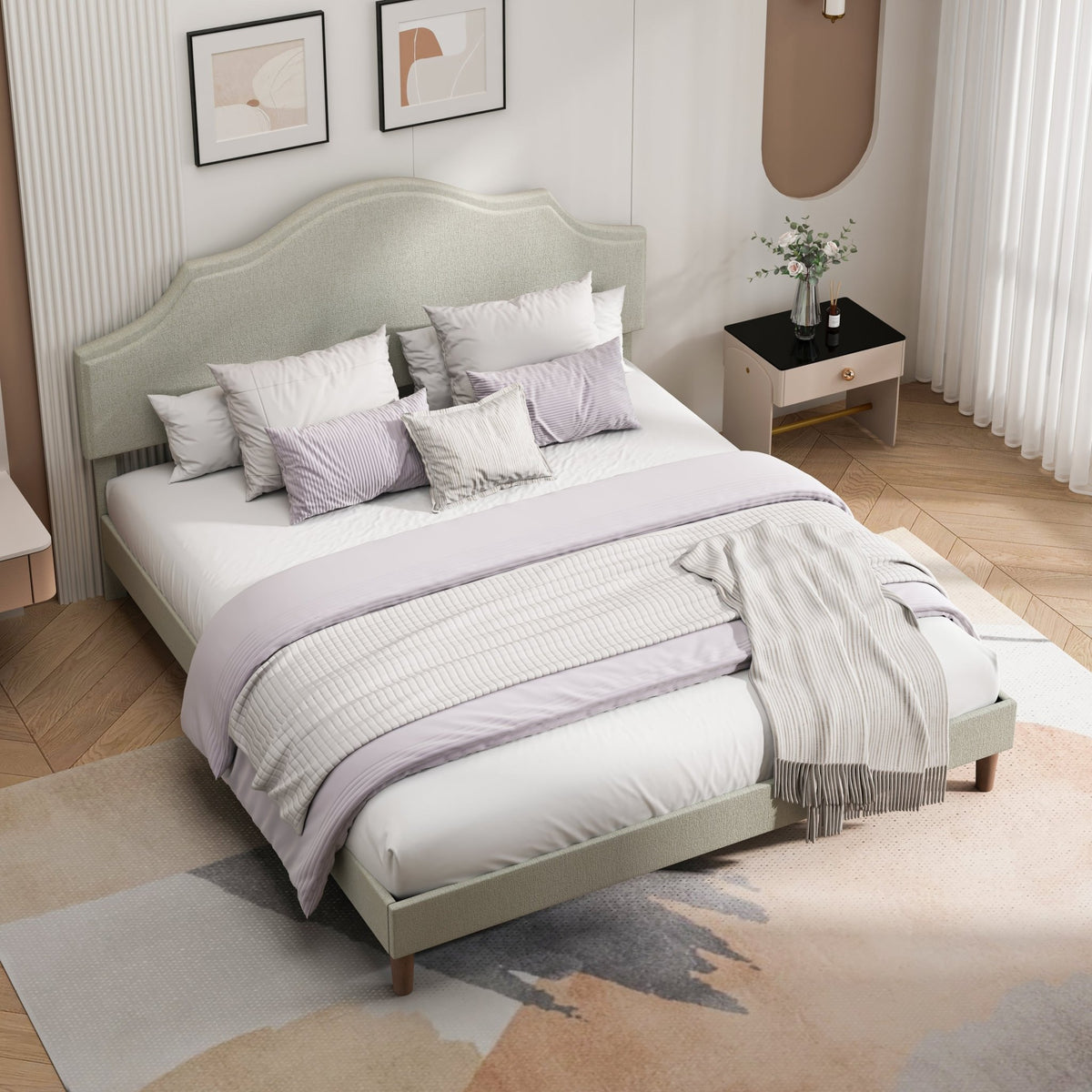 Linen upholstered king bed frame with adjustable headboard by Anthony & Home, showcasing a modern design and neutral fabric.