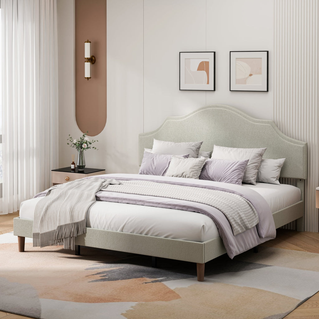 Linen upholstered king bed frame with adjustable headboard by Anthony & Home, featuring a modern design and neutral fabric finish.