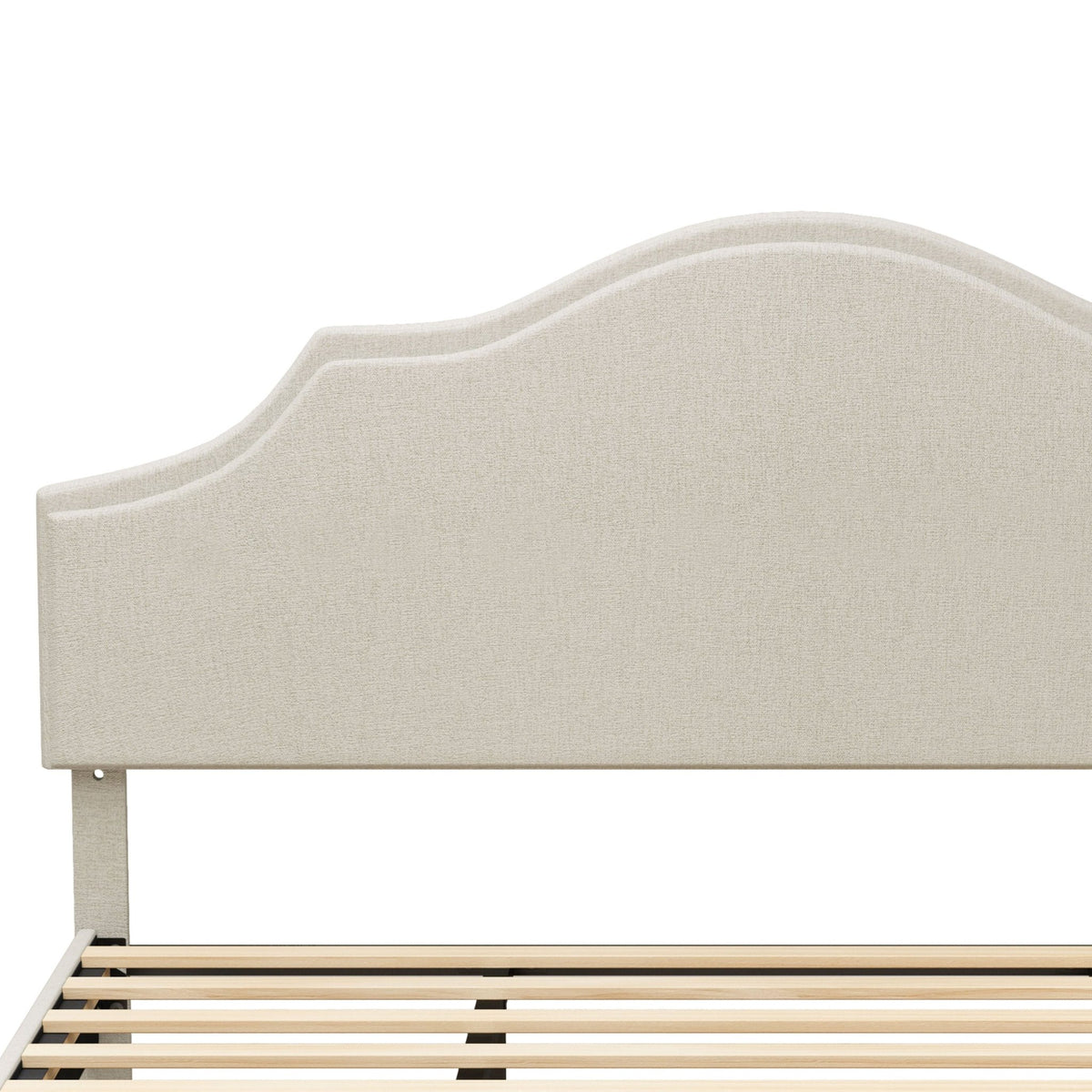 Linen upholstered king bed frame with adjustable headboard by Anthony & Home, shown with fabric and wooden frame details.