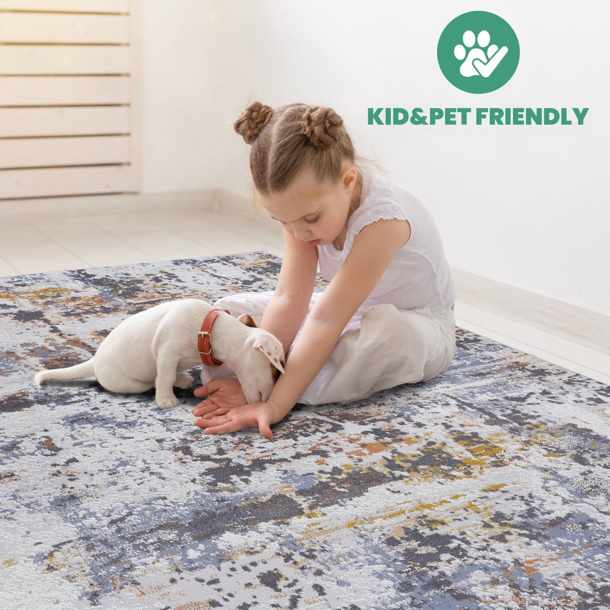 Ivory and navy abstract area rug from Loom and Luxe Collection by Anthony & Home, featuring a modern geometric design.