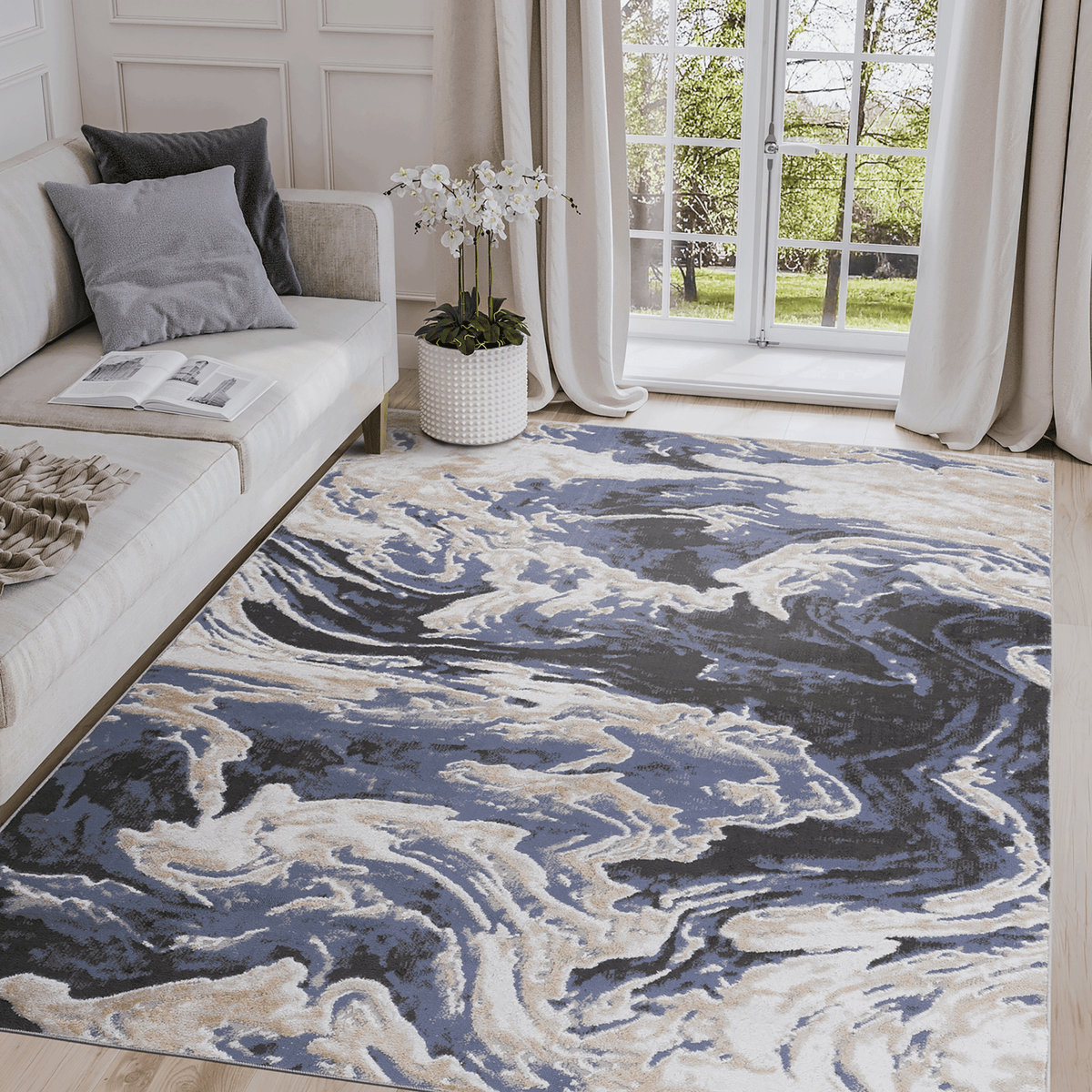 Light blue abstract area rug from Loom And Luxe Signature collection by Anthony & Home, featuring modern design and soft texture.