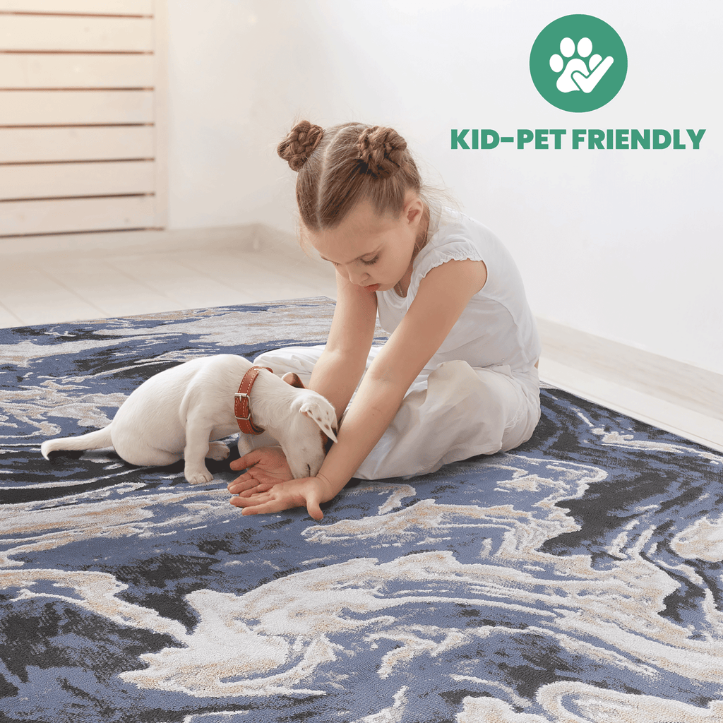 Light blue abstract area rug by Anthony & Home with a modern, artistic design and plush texture.