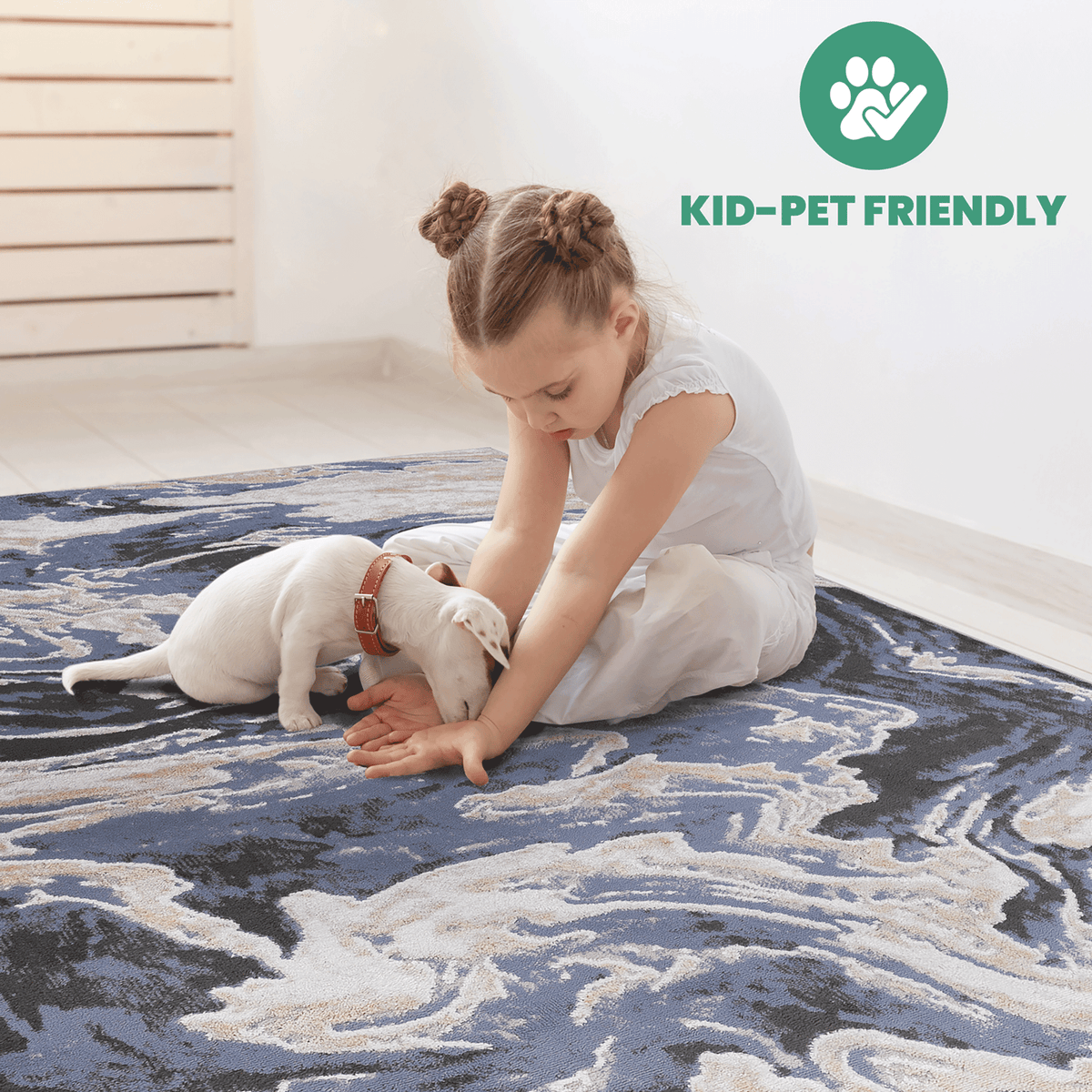 Light blue abstract area rug by Anthony & Home with a modern, artistic design and plush texture.