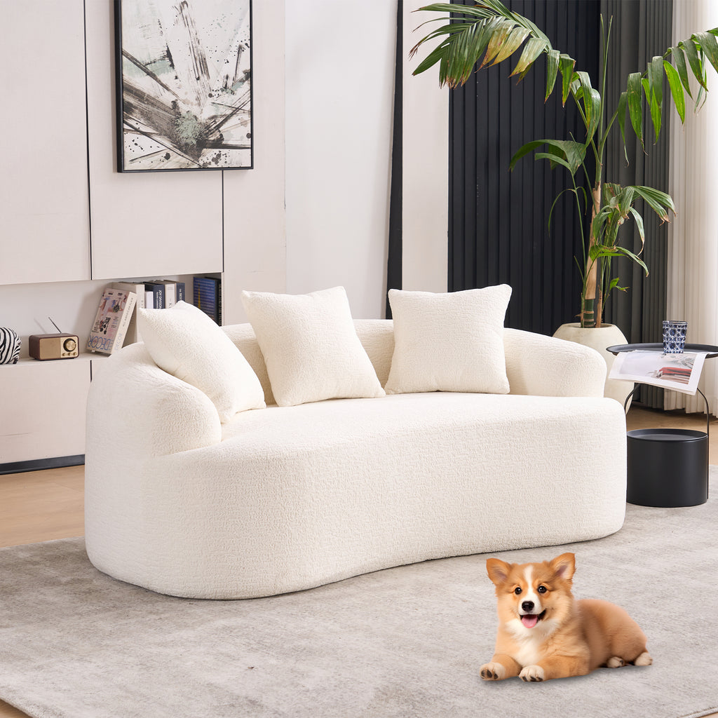 Cloud white loveseat with wood-grain chenille upholstery and sleek armrests, designed by Anthony & Home.