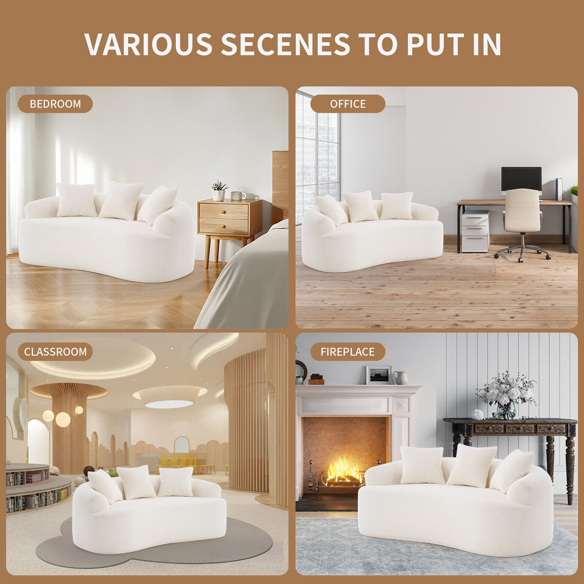 Cloud White loveseat with wood-grain chenille fabric from Anthony & Home, showcasing plush seating and a modern design.