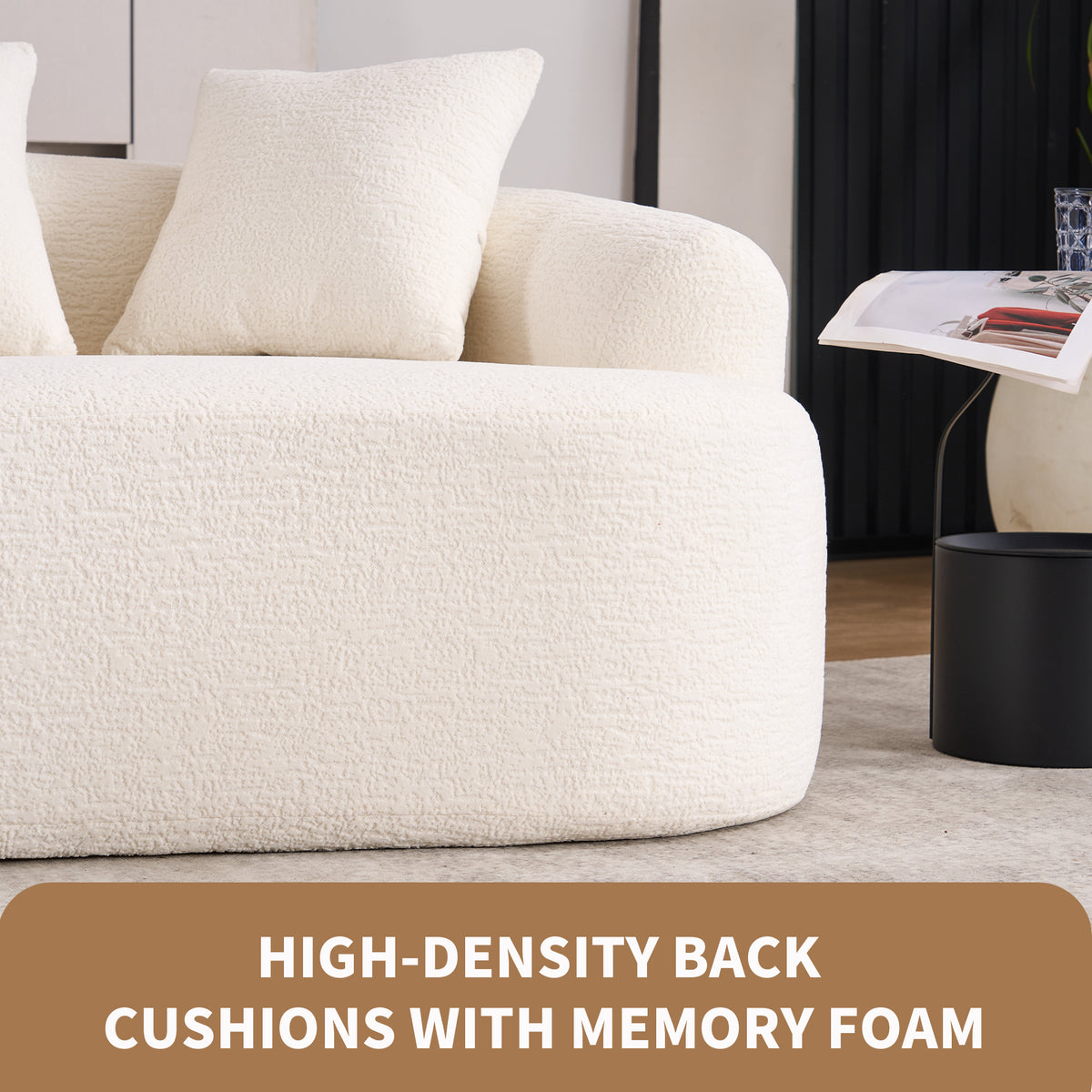 Cloud white loveseat with wood-grain chenille fabric by Anthony & Home, showing plush cushions and sleek modern design.
